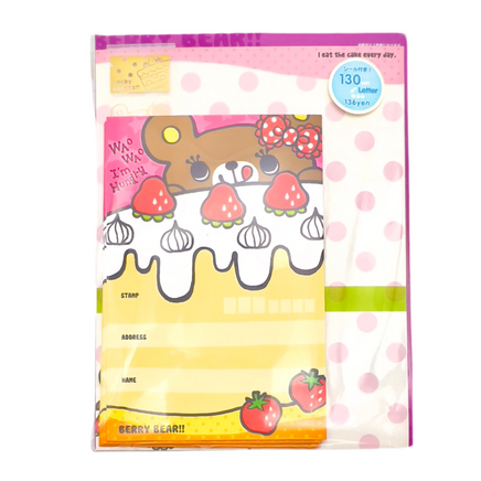 Mind Wave Berry Bear Stationery Set, adorable kawaii set includes 5 envelopes, 10 sheets of memo paper (5.5” x 7”), and 5 transparent stickers
