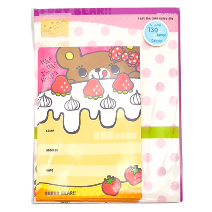 Mind Wave Berry Bear Stationery Set, adorable kawaii set includes 5 envelopes, 10 sheets of memo paper (5.5” x 7”), and 5 transparent stickers