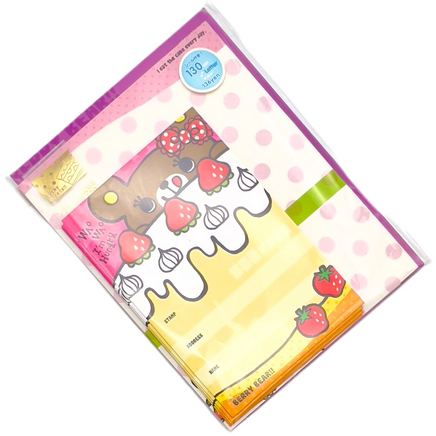 Mind Wave Berry Bear Stationery Set, adorable kawaii set includes 5 envelopes, 10 sheets of memo paper (5.5” x 7”), and 5 transparent stickers