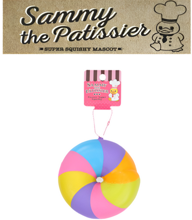 Sammy the Patissier bagel squishy in three color variations, each with a realistic bagel texture and soft, rounded shape, measuring 4 inches across; displayed with original 2017 tag.