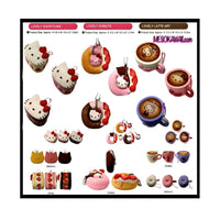 Hello Kitty Lovely Sweets Squishy Series featuring three designs: a latte cup, a shortcake slice, and a donut. Each squishy is soft, slow-rising, and decorated with Hello Kitty-themed details. Packaged in original licensed packaging with tags. Vintage production with slight aging may be visible.