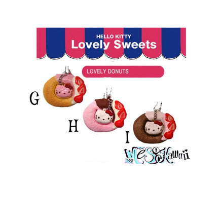 Hello Kitty Lovely Sweets Squishy Series featuring three designs: a latte cup, a shortcake slice, and a donut. Each squishy is soft, slow-rising, and decorated with Hello Kitty-themed details. Packaged in original licensed packaging with tags. Vintage production with slight aging may be visible.
