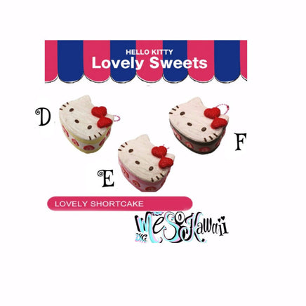 Hello Kitty Lovely Sweets Squishy Series featuring three designs: a latte cup, a shortcake slice, and a donut. Each squishy is soft, slow-rising, and decorated with Hello Kitty-themed details. Packaged in original licensed packaging with tags. Vintage production with slight aging may be visible.