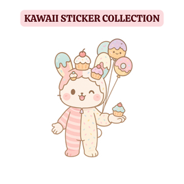 A colorful assortment of kawaii stickers including sticker sheets, sticker sacks, books, and die-cut designs featuring cute characters, animals, desserts, and pastel-themed elements arranged aesthetically for collectors and stationery lovers.