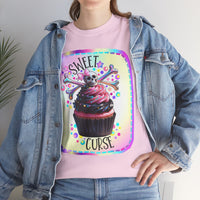  Sweet Curse Skull n Crossbones Cupcake Tee — where gothic vibes meet irresistible kawaii sweetness. Featuring&nbsp;a two-tone swirl strawberry cupcake topped with a chromatic skull and crossbones, this bold design is equal parts cute and wicked.- Ribbed knit collar for shape retention