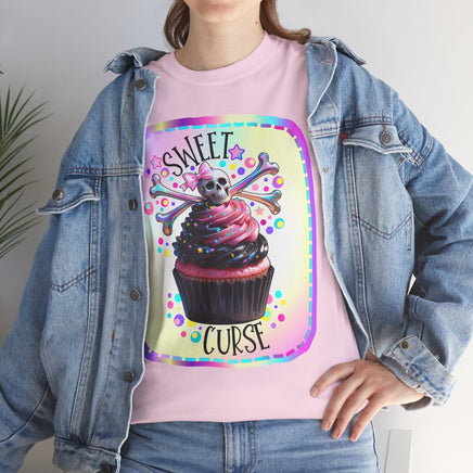  Sweet Curse Skull n Crossbones Cupcake Tee — where gothic vibes meet irresistible kawaii sweetness. Featuring&nbsp;a two-tone swirl strawberry cupcake topped with a chromatic skull and crossbones, this bold design is equal parts cute and wicked.- Ribbed knit collar for shape retention
