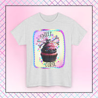  Sweet Curse Skull n Crossbones Cupcake Tee — where gothic vibes meet irresistible kawaii sweetness. Featuring&nbsp;a two-tone swirl strawberry cupcake topped with a chromatic skull and crossbones, this bold design is equal parts cute and wicked.- Ribbed knit collar for shape retention