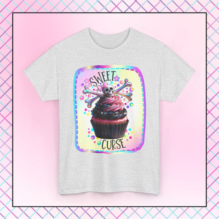  Sweet Curse Skull n Crossbones Cupcake Tee — where gothic vibes meet irresistible kawaii sweetness. Featuring&nbsp;a two-tone swirl strawberry cupcake topped with a chromatic skull and crossbones, this bold design is equal parts cute and wicked.- Ribbed knit collar for shape retention