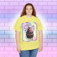  Sweet Curse Skull n Crossbones Cupcake Tee — where gothic vibes meet irresistible kawaii sweetness. Featuring&nbsp;a two-tone swirl strawberry cupcake topped with a chromatic skull and crossbones, this bold design is equal parts cute and wicked.- Ribbed knit collar for shape retention