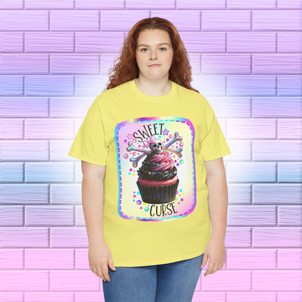  Sweet Curse Skull n Crossbones Cupcake Tee — where gothic vibes meet irresistible kawaii sweetness. Featuring&nbsp;a two-tone swirl strawberry cupcake topped with a chromatic skull and crossbones, this bold design is equal parts cute and wicked.- Ribbed knit collar for shape retention