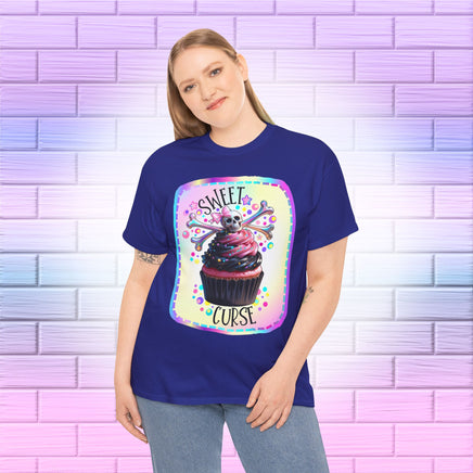  Sweet Curse Skull n Crossbones Cupcake Tee — where gothic vibes meet irresistible kawaii sweetness. Featuring&nbsp;a two-tone swirl strawberry cupcake topped with a chromatic skull and crossbones, this bold design is equal parts cute and wicked.- Ribbed knit collar for shape retention