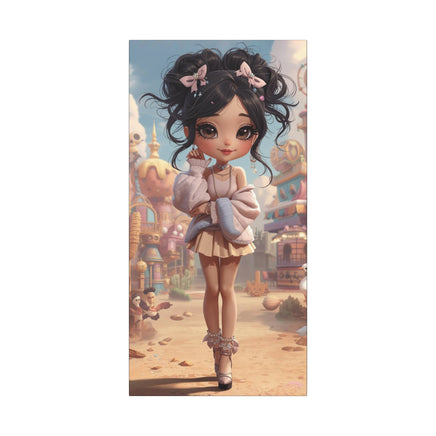 A vertical rectangular print or poster featuring a stylized cartoon girl with dark curly hair and pink bows, standing in a whimsical pastel town. The artwork is centered on a light gray background.