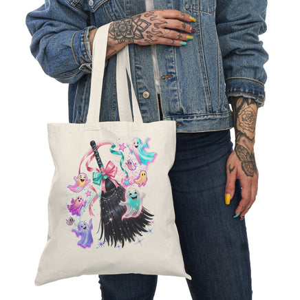 Cute Ghosts and Broom Natural Tote Bag, Eco-Friendly Tote, Halloween Shopping Bag, Gift for Witch Lovers, Spooky Season Accessory