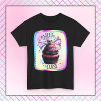  Sweet Curse Skull n Crossbones Cupcake Tee — where gothic vibes meet irresistible kawaii sweetness. Featuring&nbsp;a two-tone swirl strawberry cupcake topped with a chromatic skull and crossbones, this bold design is equal parts cute and wicked.- Ribbed knit collar for shape retention
