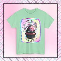  Sweet Curse Skull n Crossbones Cupcake Tee — where gothic vibes meet irresistible kawaii sweetness. Featuring&nbsp;a two-tone swirl strawberry cupcake topped with a chromatic skull and crossbones, this bold design is equal parts cute and wicked.- Ribbed knit collar for shape retention
