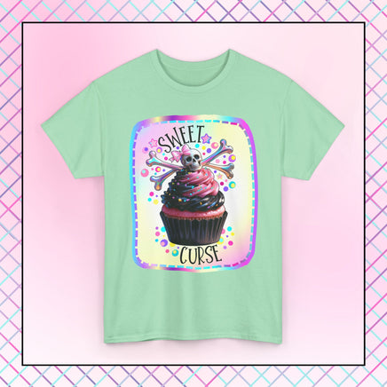  Sweet Curse Skull n Crossbones Cupcake Tee — where gothic vibes meet irresistible kawaii sweetness. Featuring&nbsp;a two-tone swirl strawberry cupcake topped with a chromatic skull and crossbones, this bold design is equal parts cute and wicked.- Ribbed knit collar for shape retention