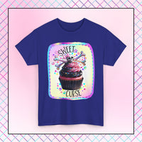  Sweet Curse Skull n Crossbones Cupcake Tee — where gothic vibes meet irresistible kawaii sweetness. Featuring&nbsp;a two-tone swirl strawberry cupcake topped with a chromatic skull and crossbones, this bold design is equal parts cute and wicked.- Ribbed knit collar for shape retention