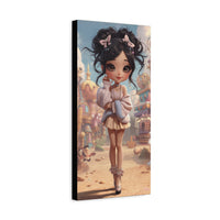 A vertical canvas wall art print featuring a stylized cartoon girl with dark curly hair and pink bows, standing in a whimsical pastel town. The canvas is shown at a slight angle against a plain white background.