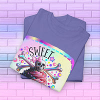  Sweet Curse Skull n Crossbones Cupcake Tee — where gothic vibes meet irresistible kawaii sweetness. Featuring&nbsp;a two-tone swirl strawberry cupcake topped with a chromatic skull and crossbones, this bold design is equal parts cute and wicked.- Ribbed knit collar for shape retention