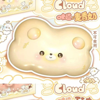 3an Bear Cloud Jumbo Squishy featuring a cute bear resting on a fluffy cloud, available in Cream and Light Yellow or Peach and Light Orange, slow-rising scented collectible displayed in a clear protective box.