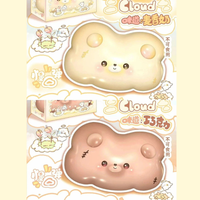 3an Bear Cloud Jumbo Squishy featuring a cute bear resting on a fluffy cloud, available in Cream and Light Yellow or Peach and Light Orange, slow-rising scented collectible displayed in a clear protective box.