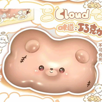 3an Bear Cloud Jumbo Squishy featuring a cute bear resting on a fluffy cloud, available in Cream and Light Yellow or Peach and Light Orange, slow-rising scented collectible displayed in a clear protective box.