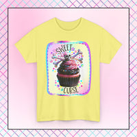  Sweet Curse Skull n Crossbones Cupcake Tee — where gothic vibes meet irresistible kawaii sweetness. Featuring&nbsp;a two-tone swirl strawberry cupcake topped with a chromatic skull and crossbones, this bold design is equal parts cute and wicked.- Ribbed knit collar for shape retention