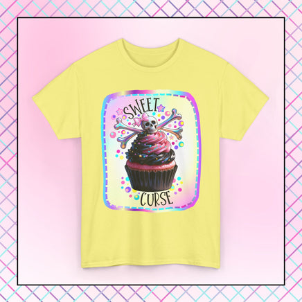  Sweet Curse Skull n Crossbones Cupcake Tee — where gothic vibes meet irresistible kawaii sweetness. Featuring&nbsp;a two-tone swirl strawberry cupcake topped with a chromatic skull and crossbones, this bold design is equal parts cute and wicked.- Ribbed knit collar for shape retention