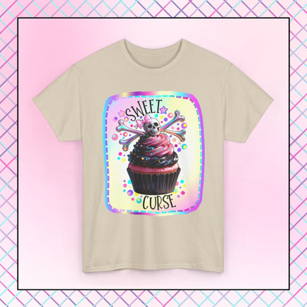  Sweet Curse Skull n Crossbones Cupcake Tee — where gothic vibes meet irresistible kawaii sweetness. Featuring&nbsp;a two-tone swirl strawberry cupcake topped with a chromatic skull and crossbones, this bold design is equal parts cute and wicked.- Ribbed knit collar for shape retention