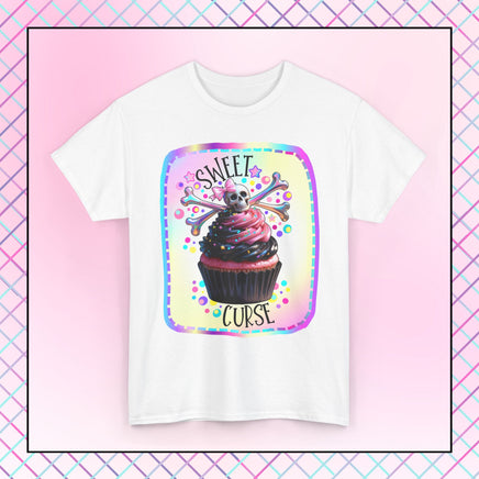  Sweet Curse Skull n Crossbones Cupcake Tee — where gothic vibes meet irresistible kawaii sweetness. Featuring&nbsp;a two-tone swirl strawberry cupcake topped with a chromatic skull and crossbones, this bold design is equal parts cute and wicked.- Ribbed knit collar for shape retention