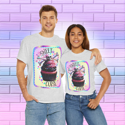  Sweet Curse Skull n Crossbones Cupcake Tee — where gothic vibes meet irresistible kawaii sweetness. Featuring&nbsp;a two-tone swirl strawberry cupcake topped with a chromatic skull and crossbones, this bold design is equal parts cute and wicked.- Ribbed knit collar for shape retention