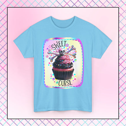  Sweet Curse Skull n Crossbones Cupcake Tee — where gothic vibes meet irresistible kawaii sweetness. Featuring&nbsp;a two-tone swirl strawberry cupcake topped with a chromatic skull and crossbones, this bold design is equal parts cute and wicked.- Ribbed knit collar for shape retention