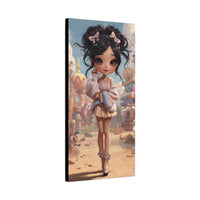 A vertical canvas wall art print featuring a stylized cartoon girl with dark curly hair, pink bows, and a light pink and beige outfit, standing in a whimsical colorful town. The canvas is shown at a slight angle against a plain white background.