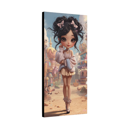 A vertical canvas wall art print featuring a stylized cartoon girl with dark curly hair, pink bows, and a light pink and beige outfit, standing in a whimsical colorful town. The canvas is shown at a slight angle against a plain white background.