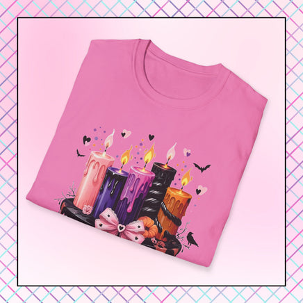 Spooky gothic elegance with whimsical charm, showcasing five intricately designed pillar candles displayed on a&nbsp;pink-and-black lace-wrapped candle base, finished with a heart-shaped bow and dangling silver star and heart charms.&nbsp;