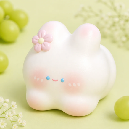 Blumi Bunny Pudding Squishy featuring a white bunny with rosy cheeks and a pink flower, scented slow-rising kawaii stress relief toy measuring 3.75 x 3 x 3.5 inches.