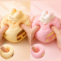 Bunny Cream Puff Squishy featuring a realistic textured cream puff topped with an adorable bunny, available in Peach Cream and Yellow Cream, slow-rising kawaii stress relief toy.