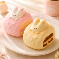Bunny Cream Puff Squishy featuring a realistic textured cream puff topped with an adorable bunny, available in Peach Cream and Yellow Cream, slow-rising kawaii stress relief toy.