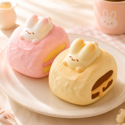 Bunny Cream Puff Squishy featuring a realistic textured cream puff topped with an adorable bunny, available in Peach Cream and Yellow Cream, slow-rising kawaii stress relief toy.
