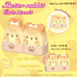 Butter Rabbit Biscuit Squishy featuring an adorable bunny-shaped biscuit with realistic baked texture, scented slow-rising foam, and a clear protective display box for collectors.