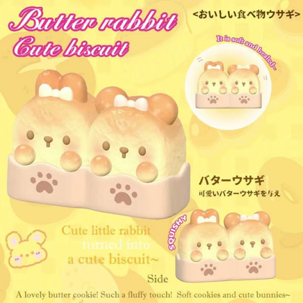 Butter Rabbit Biscuit Squishy featuring an adorable bunny-shaped biscuit with realistic baked texture, scented slow-rising foam, and a clear protective display box for collectors.