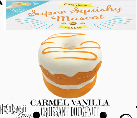 Café de N croissant doughnut squishy from Volume 646, released in July 2017; available in caramel vanilla, strawberry, and chocolate custard flavors, each in original licensed packaging; soft, slow-rising texture.
