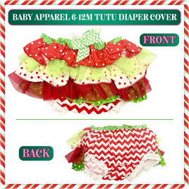 Christmas baby girl ruffle tutu diaper cover in red and white chevron with layered cotton and tulle ruffles and center bow, size 6–12 months, shown front and back