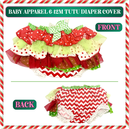 Christmas baby girl ruffle tutu diaper cover in red and white chevron with layered cotton and tulle ruffles and center bow, size 6–12 months, shown front and back