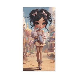 A vertical rectangular art print featuring a stylized cartoon girl with dark curly hair and pink bows, standing in a whimsical pastel town. The print is centered on a plain white background.