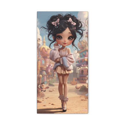 A vertical rectangular art print featuring a stylized cartoon girl with dark curly hair and pink bows, standing in a whimsical pastel town. The print is centered on a plain white background.