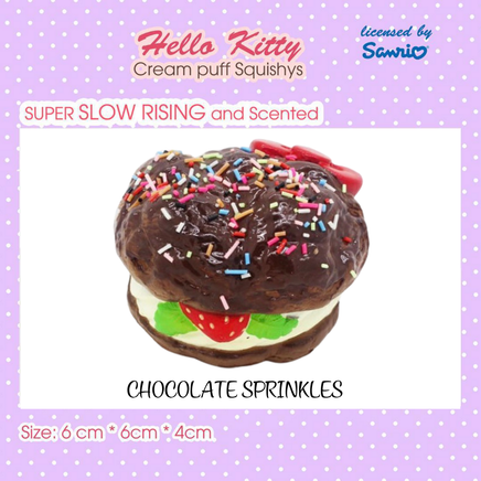 licensed Sanrio Hello Cream Puff series, this Hello Kitty Cream Puff Squishy is a dreamy treat for squishy collectors and kawaii lovers alike! Packaged in a cute display box with a Sanrio authenticity seal on the back