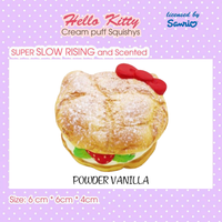 licensed Sanrio Hello Cream Puff series, this Hello Kitty Cream Puff Squishy is a dreamy treat for squishy collectors and kawaii lovers alike! Packaged in a cute display box with a Sanrio authenticity seal on the back
