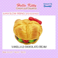 licensed Sanrio Hello Cream Puff series, this Hello Kitty Cream Puff Squishy is a dreamy treat for squishy collectors and kawaii lovers alike! Packaged in a cute display box with a Sanrio authenticity seal on the back
