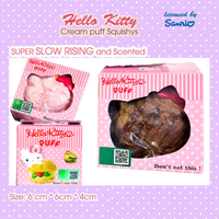 licensed Sanrio Hello Cream Puff series, this Hello Kitty Cream Puff Squishy is a dreamy treat for squishy collectors and kawaii lovers alike! Packaged in a cute display box with a Sanrio authenticity seal on the back